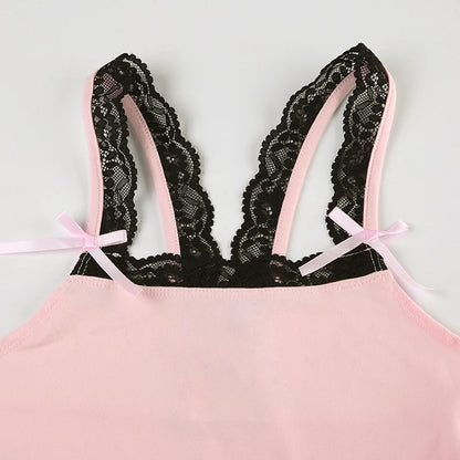 SUCHCUTE Sexy Lace One Piece Short Summer Women Solid Slim Sleeveless Romper Y2K Streetwear Bodysuit Casual Jumpsuit Sports Yoga