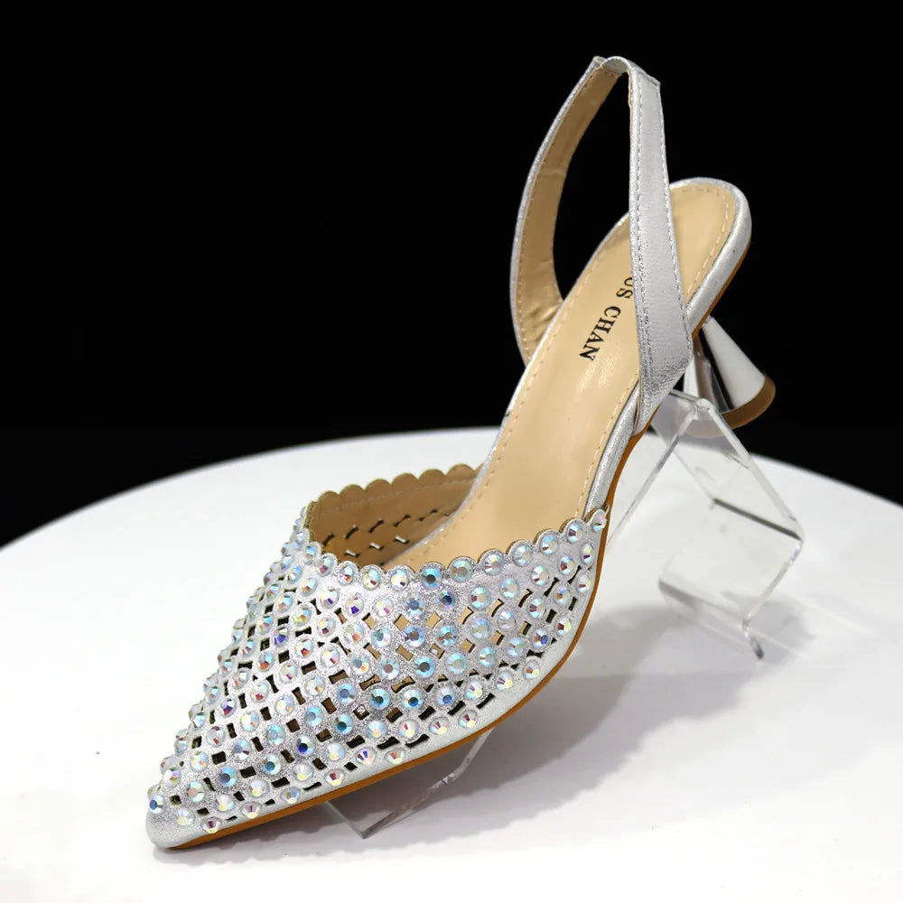 Elegant Multicolor Rhinestone Slingback Heels & Bucket Bag Set Luxury Crystal Matching Kit for Wedding Party Evening Bridal Form