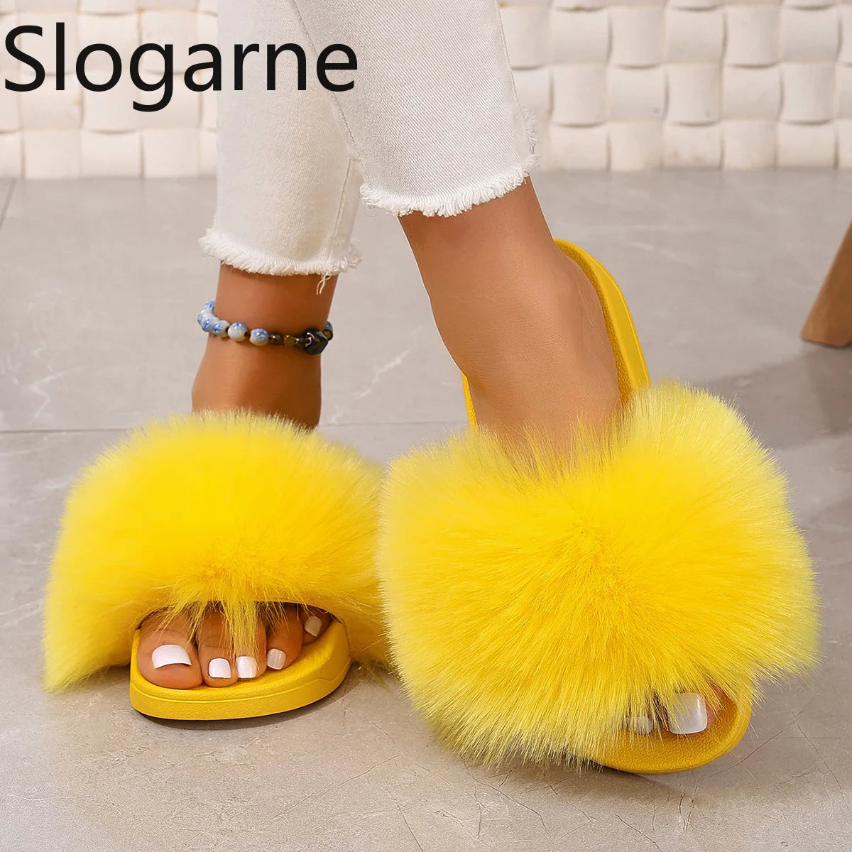 Fashion Fox Fur Slides Women Luxury Designer Summer Sandals Ladies Furry Lazy Slippers Fluffy Flip Flops Shoes Plus Size Shoes