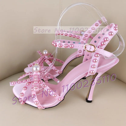Pink Pearl Bowknot High Heels Sandals Women Sweet Luxury Cross Strap High Heels Sandals Women Luxury Elegant Party Shimmer Shoes