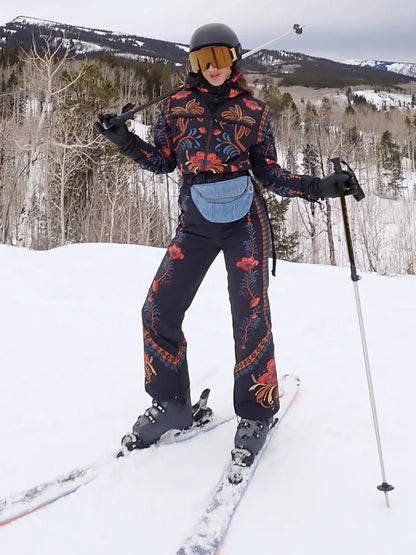 Flower Printed Women's Ski Jumpsuits Zippers Stand Collar Waist-closed Pocket Lady Rompers 2026 Autumn Winter Female SkiWear New