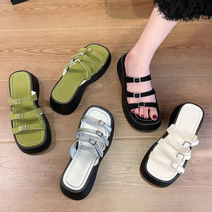 Women Thicken Soled Buckle Strap Sandals Platform High Heel Shoes Ladies Cut-Out Slippers Open Toe Flipflops Silver Beach Slides