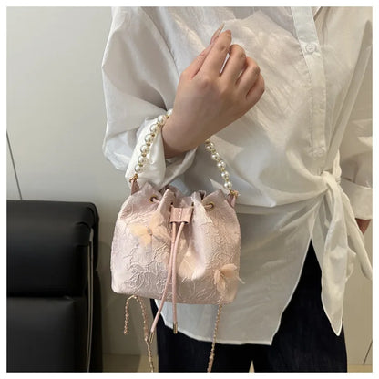 Sweet Butterfly Women Drawstring Bucket Shoulder Bags Versatile Ladies Crossbody Bag Clutch Fashion Girls Pearl Chain Handbags