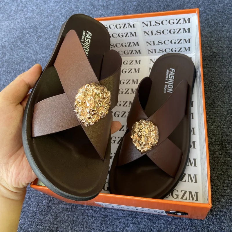 size38-48 original shoes brand summer leather slides for man black brown fashion shoes for mens slippers business beach slippers
