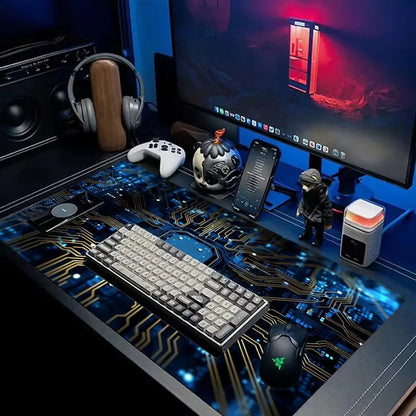 Large Gaming Mouse Pad Futuristic Tech Circuit Board Neon Chip XXL Non-Slip Rubber Keyboard Deskmat Electronic Office Table Mat