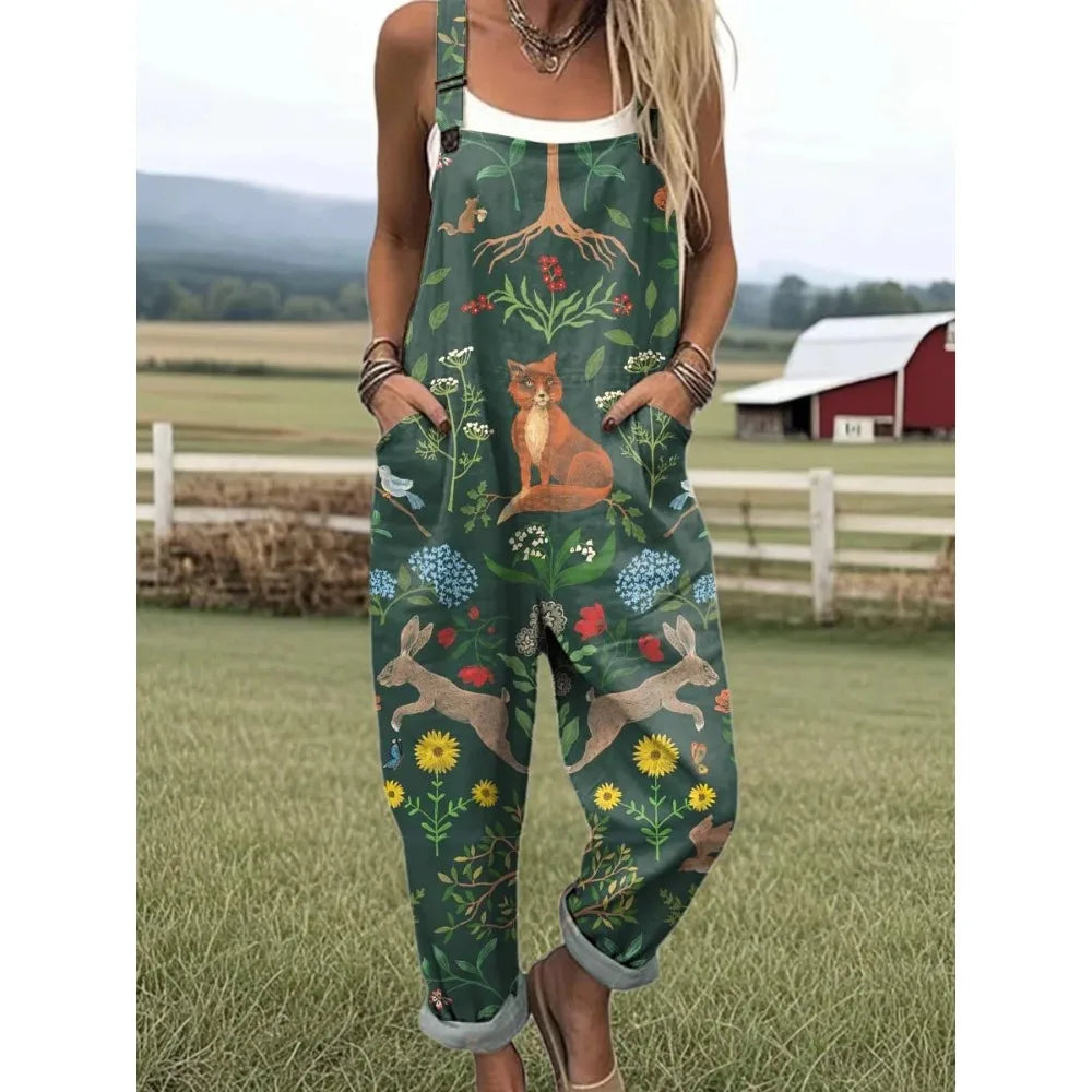 Relaxed Fit Women's Overalls with Cute Animals Patterns Fashion Jumpsuits Adjustable Design for Picnics and Country Outings