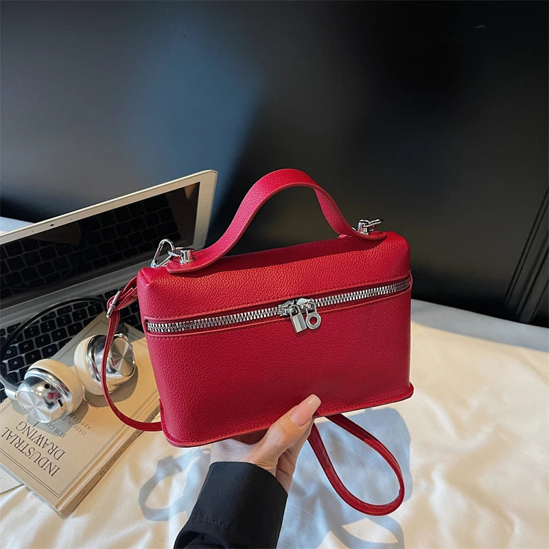 Fashionable Light Luxury Solid Color Box Bag Litchi Pattern Portable Carrying Crossbody Bag Daily Commuting Versatile Square Bag
