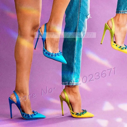 Blue Crystal Trim Elegant Satin Sandals Women Luxury Back Strap High Heels Party Shoes Ladies Summer Chic Pointy Toe Bling Pumps
