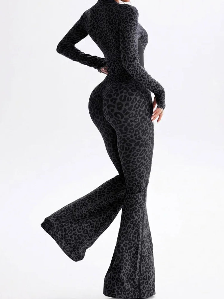 Women Leopard Print Fitness Jumpsuits Long Sleeve Zip-up Gym Sporty Overalls Female One Piece Flare Pants Running Yoga Tracksuit