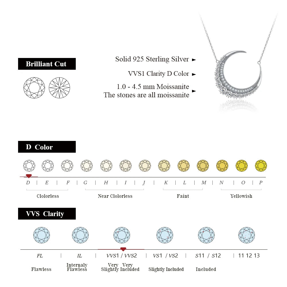 CHARMING Luxury Moon D VVS1 Moissanite Necklace 925 Sterling Silver for Women Daily Jewelry Birthday Gift Engagement Anniversary