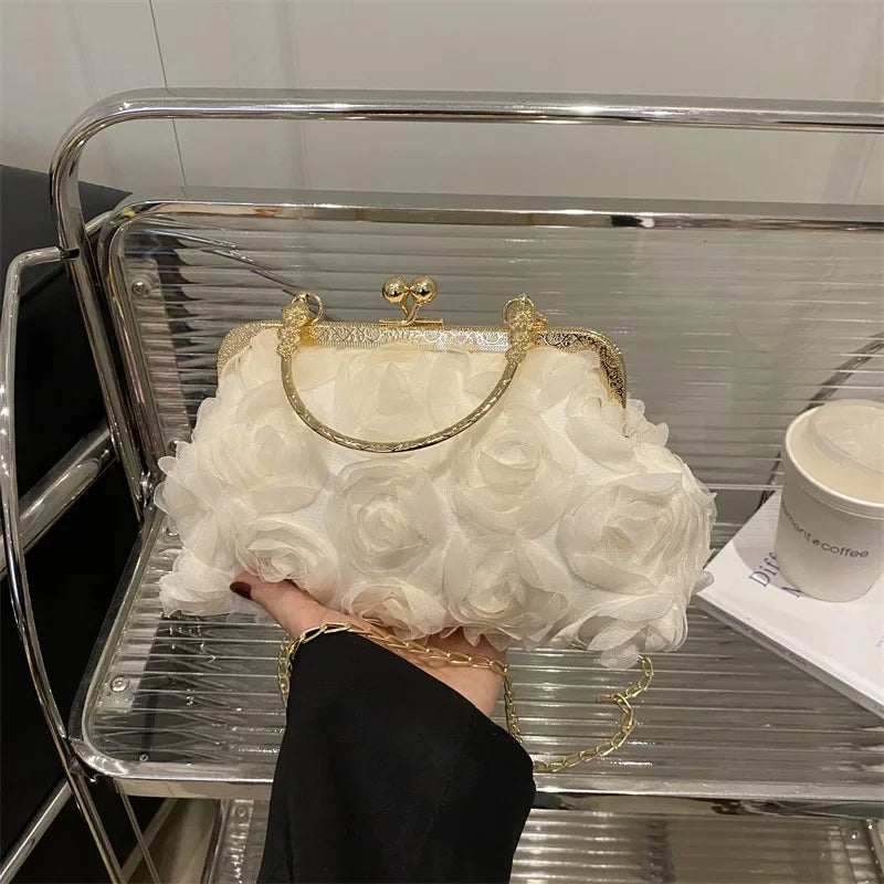 Luxury Women Chain Shoulder Bag Chiffon 3D Flower Banquet Bag Fashion Evening Bags Fashion Clutch Handbag Trendy Crossbody Bag