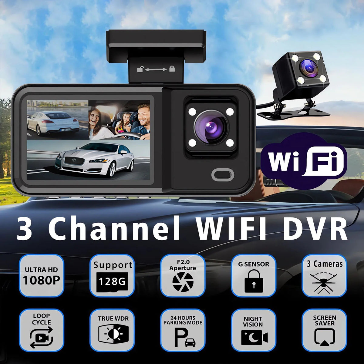WIFI 3 Camera Dash Cam Cabin Car Dvr 1080P Interior Vehicle Three Way Channel Dvrs Recorder Video Registrator Dashcam Camcord