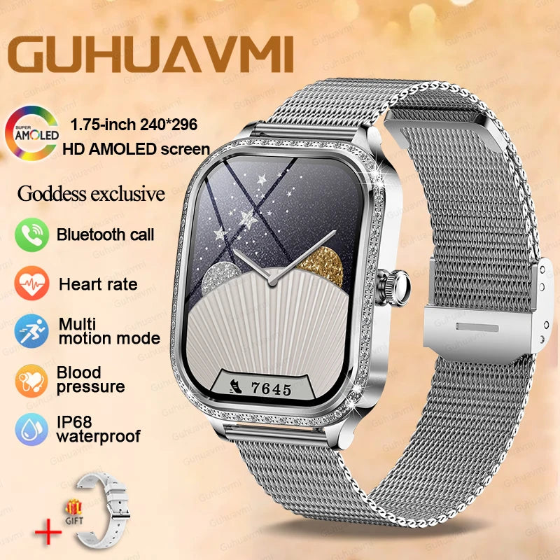 New Fashion Women's Smart Watch Heart Rate 1.75 Inch 240*296 HD Screen Diamond Watch Bluetooth Call Waterproof SmartWatch Ladies