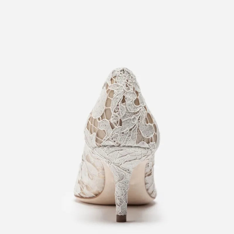 Mesh lace high-heeled shallow mouth shoes 2026 new pointed crystal buckle slim heel fashionable banquet women's single shoes