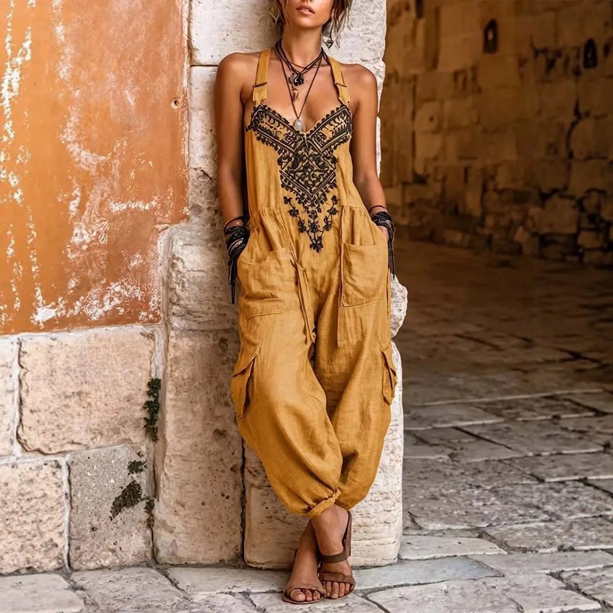 Women Boho Printed Halter Jumpsuit Sleeveless Drawstring Waist Multi Pocket Cargo Loose Summer Casual Outfits Women's Jumpsuit