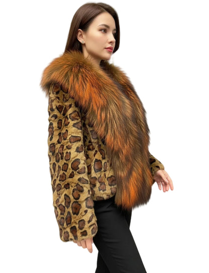 Women's Leopard Print Natural Mink Fur Coat with Big Raccoon Fur Collar Warm Winter Jacket for Cold Weather