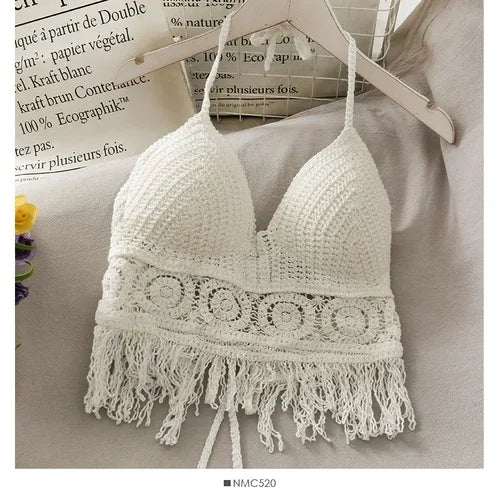 2026 Crop Tops Retro Wild Hollow Perspective Tassel Sexy Spaghetti Strap Tanke Top Women Built In Bra New Back Lace Halter Neck
