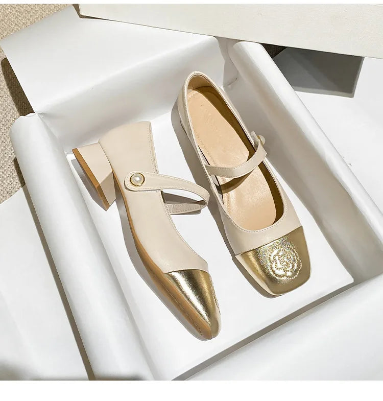 Fashion Mary Jane Women's Shoes 3cm Wide Heel Pumps Embroidered Flowers Pearl Buckle Strap Mary Jane Shoes Luxury Leather Heels