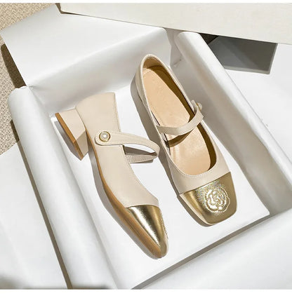 Fashion Mary Jane Women's Shoes 3cm Wide Heel Pumps Embroidered Flowers Pearl Buckle Strap Mary Jane Shoes Luxury Leather Heels