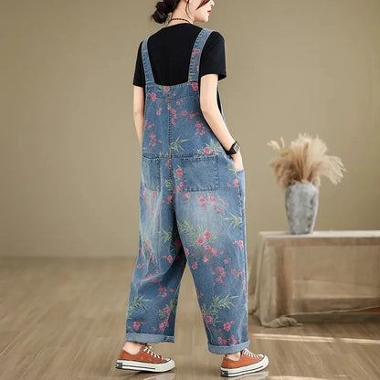 Vintage Denim Overalls Spring Summer Loose Jumpsuits Oversized Artistic Casual age Reducing Printed Casual Harem Pants Female