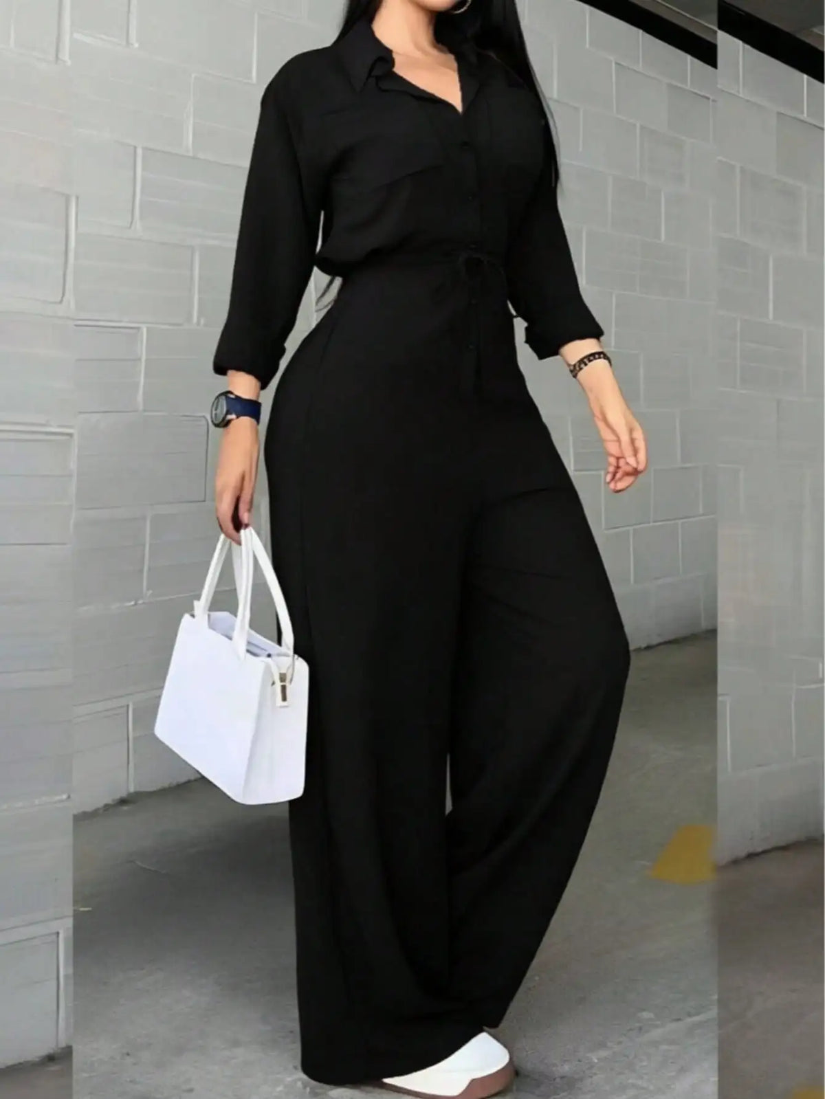 Jumpsuits for Women New Long Sleeve Turn Down Collar Lace-up Wide-leg Women Jumpsuit Monos Mujer Casual Verano