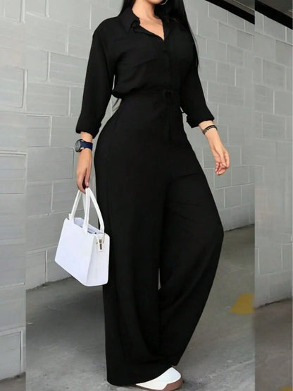 Jumpsuits for Women New Long Sleeve Turn Down Collar Lace-up Wide-leg Women Jumpsuit Monos Mujer Casual Verano