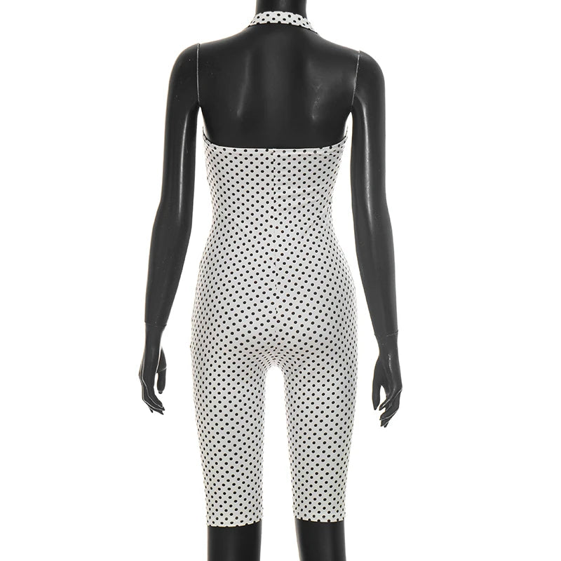 Fashionable polka dot sleeveless hanging neck slim fit jumpsuit, seven part jumpsuit