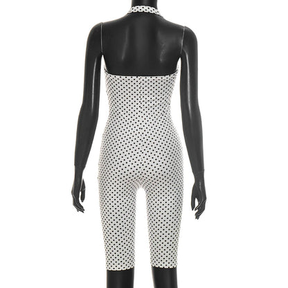 Fashionable polka dot sleeveless hanging neck slim fit jumpsuit, seven part jumpsuit