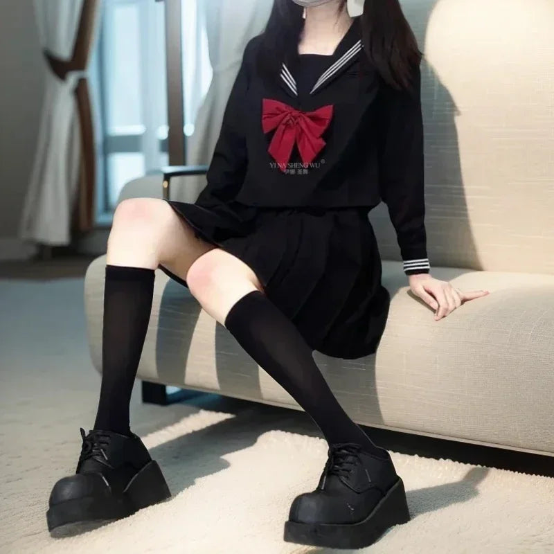 Basic Style Japanese Korean School Uniform College High School Student Uniforms Sailor Cosplay Costumes Black Top Pleated Skirt