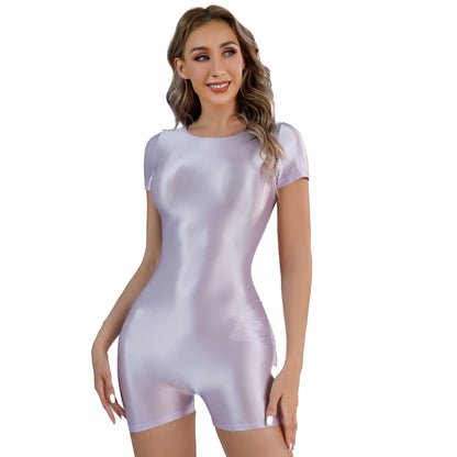 Women's Swimsuit One Piece Swimwear Oil Glossy Stretchy Gym Fitness Long Sleeve Round Neck Tights Leotard Bodysuit Clubwear
