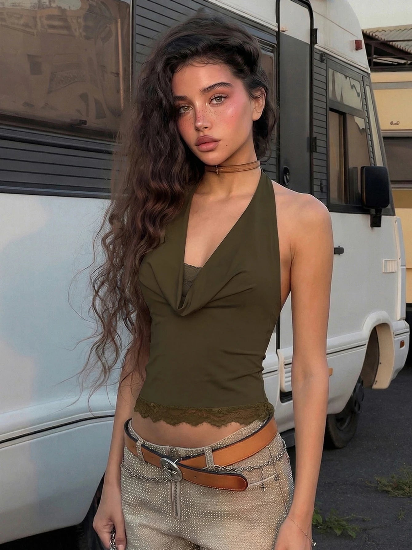 Dulzura Summer Fashion Sexy Halter Backless Lace Up Lace Ruffles Swinging Collar Vest Women'S Casual Y2K Top Party Club Clothes