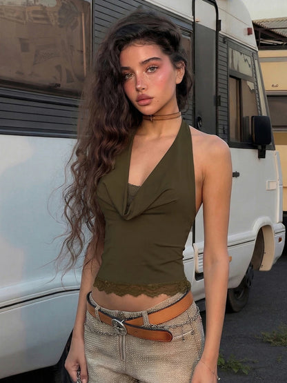 Dulzura Summer Fashion Sexy Halter Backless Lace Up Lace Ruffles Swinging Collar Vest Women'S Casual Y2K Top Party Club Clothes