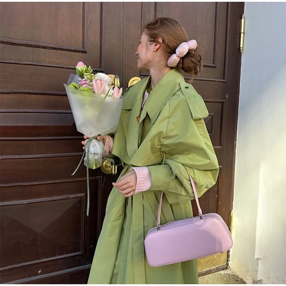 Women Khaki Long Color-block Stripe Trench Coat Wide Lapel Loose Drop Shoulder Blue Lining Slit Windbreaker Commute Outing Coats