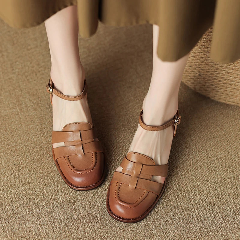 2026 New Size 34-43 Retro Genuine Leather Retro Sandals Woman Top Quality Ladies Buckle Summer Shoes Thick High Heels Sandals