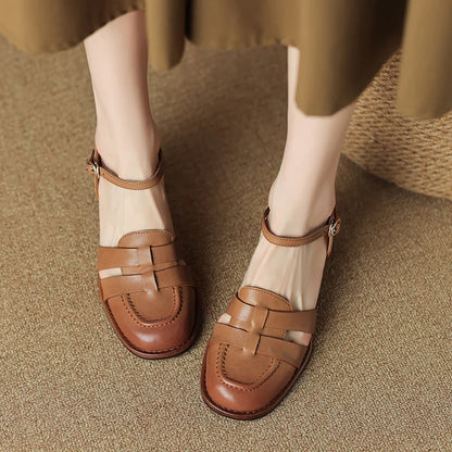 2026 New Size 34-43 Retro Genuine Leather Retro Sandals Woman Top Quality Ladies Buckle Summer Shoes Thick High Heels Sandals