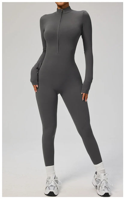TRY TO BN Women's Jumpsuit Long Sleeve Zipper Shapewear Bodysuit Yoga Fitness One Piece Tights Gym Clothing Mono Deportivo Mujer