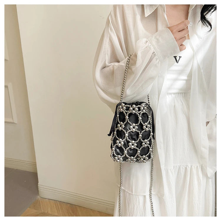 White Beading Bucket Shoulder and Crossbody Bags Exquisite Sense of Luxury Fresh Party Handbags for Women 2024 Fashion on Sale