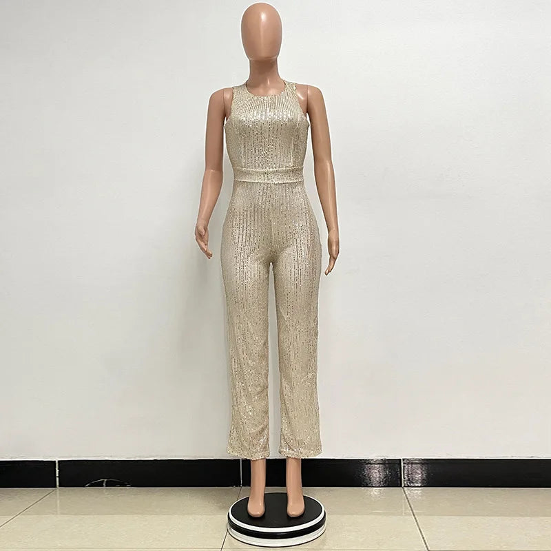 Bling Bling Sequined Club Jumpsuit Sexy Women O-neck Elegant Shiny Sliver Gold Sequins Straight Romper Overalls