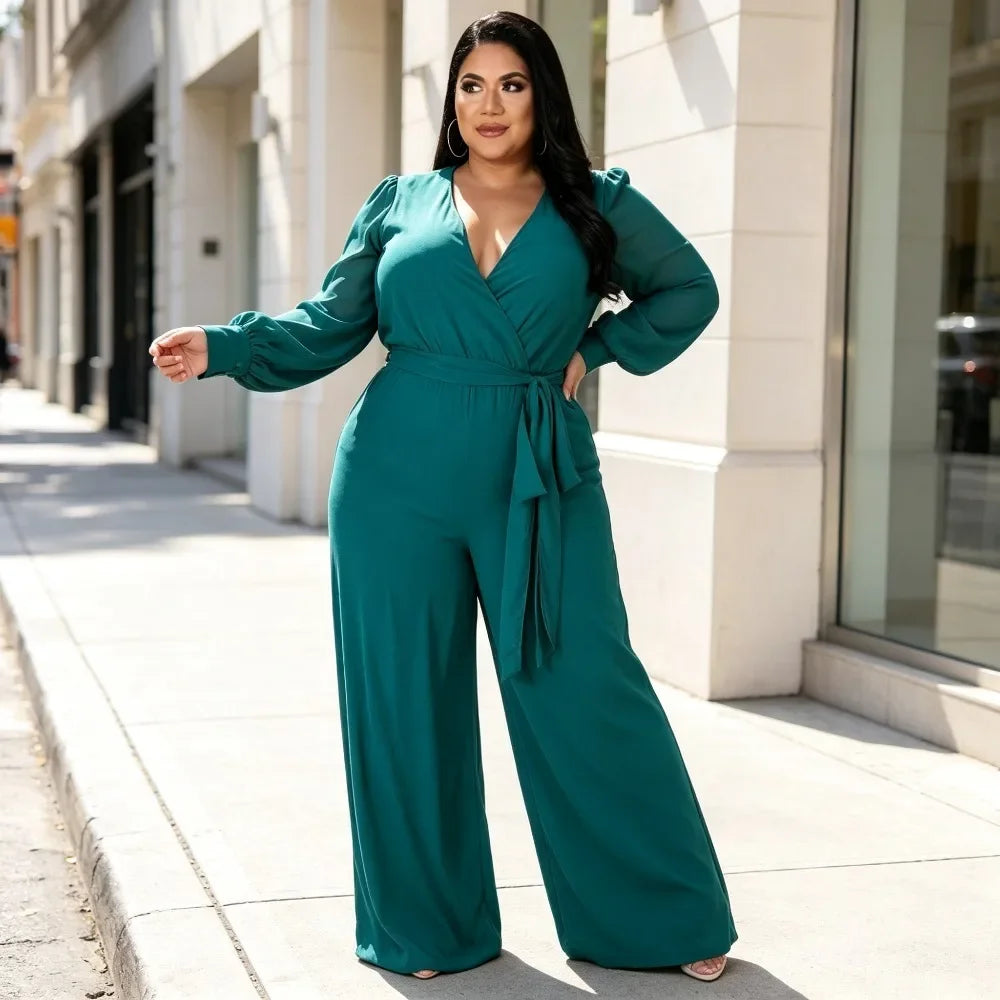 OverSize Womens Loose Solid V Neck Jumpsuit Straight Leg Design Adjustable Tie Waist Belt Elegant Casual And Work Outfit