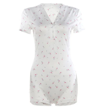 Kliou Casual Fashion Playsuits Woman Floral Print Button V-Neck Short Sleeve Skinny Stretch Summer Street Elegant Style Rompers