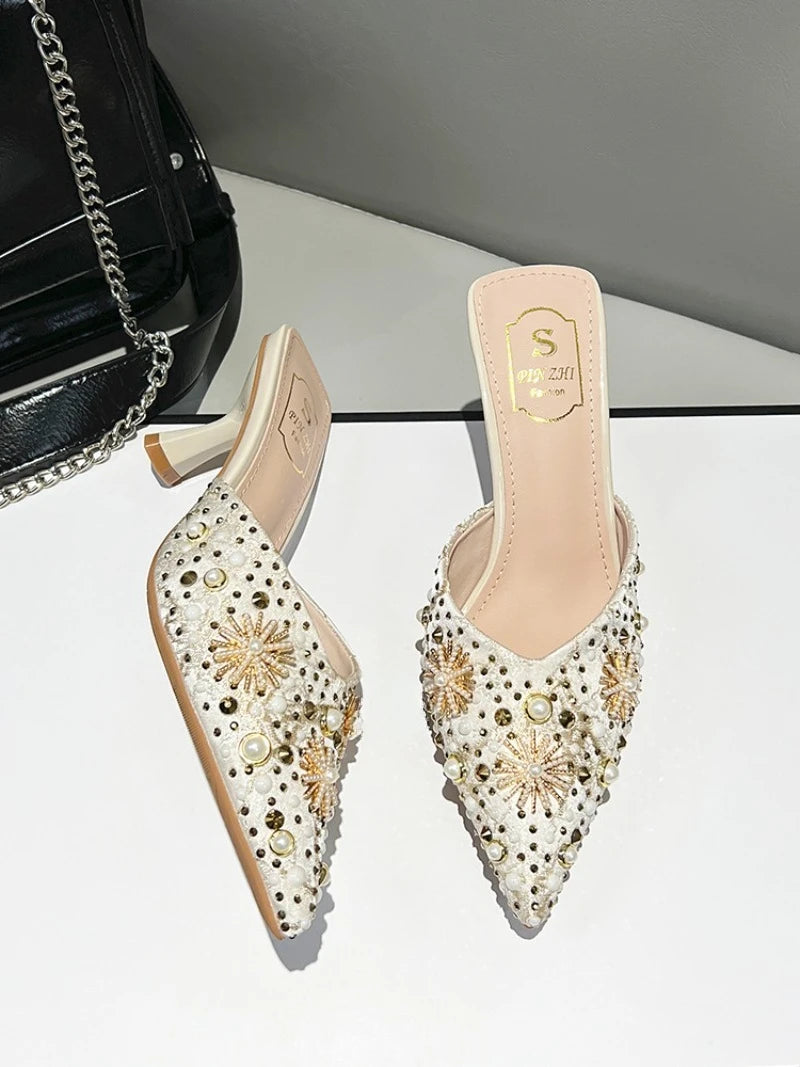 Luxury String Bead Decoration Design Brand High Heel Slippers Women Shiny Rhinestone Slide Sandals Elegant Wedding Bridal Shoes