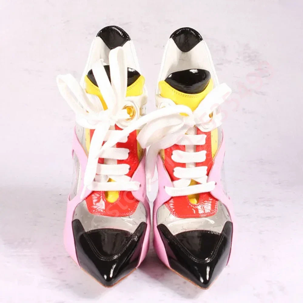 Mixed Color Sexy Catwalk Stiletto Short Boots 2025 New Pointed Stitching Lace-Up Boots Fashion Ladies Party Casual Short Boots