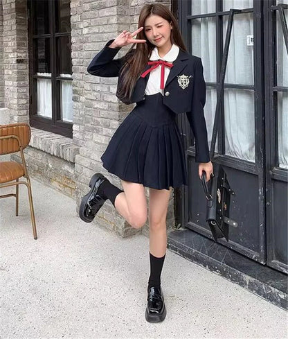 Spring 2025 Preppy Style American Uniform Set Girls Short Suit Coat Long Sleeve White Shirt Slim High Waist Pleated Skirt Navy
