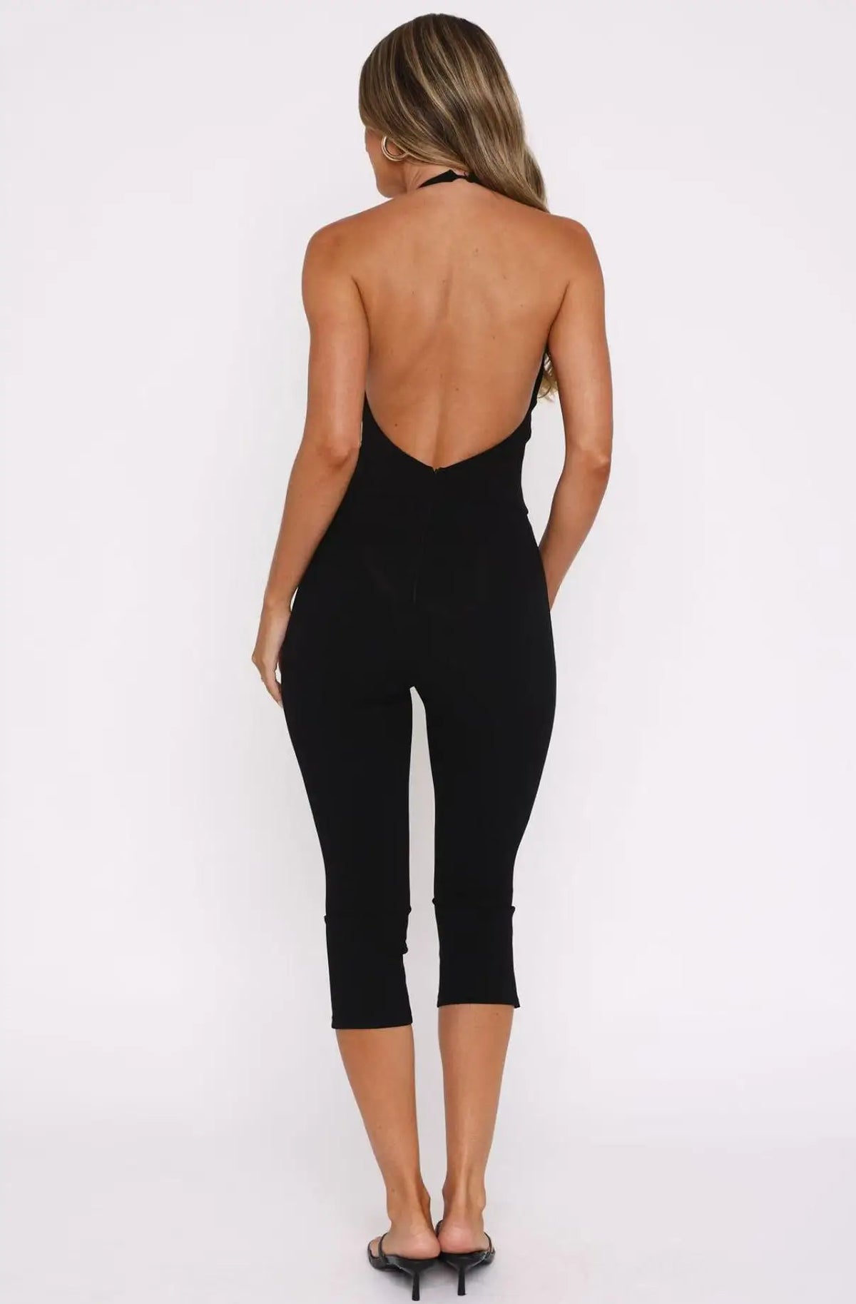 Sexy Black Halter Bodycon Romper Women Summer Backless Capri Length Jumpsuit One Piece Workout Yoga Playsuit Streetwear