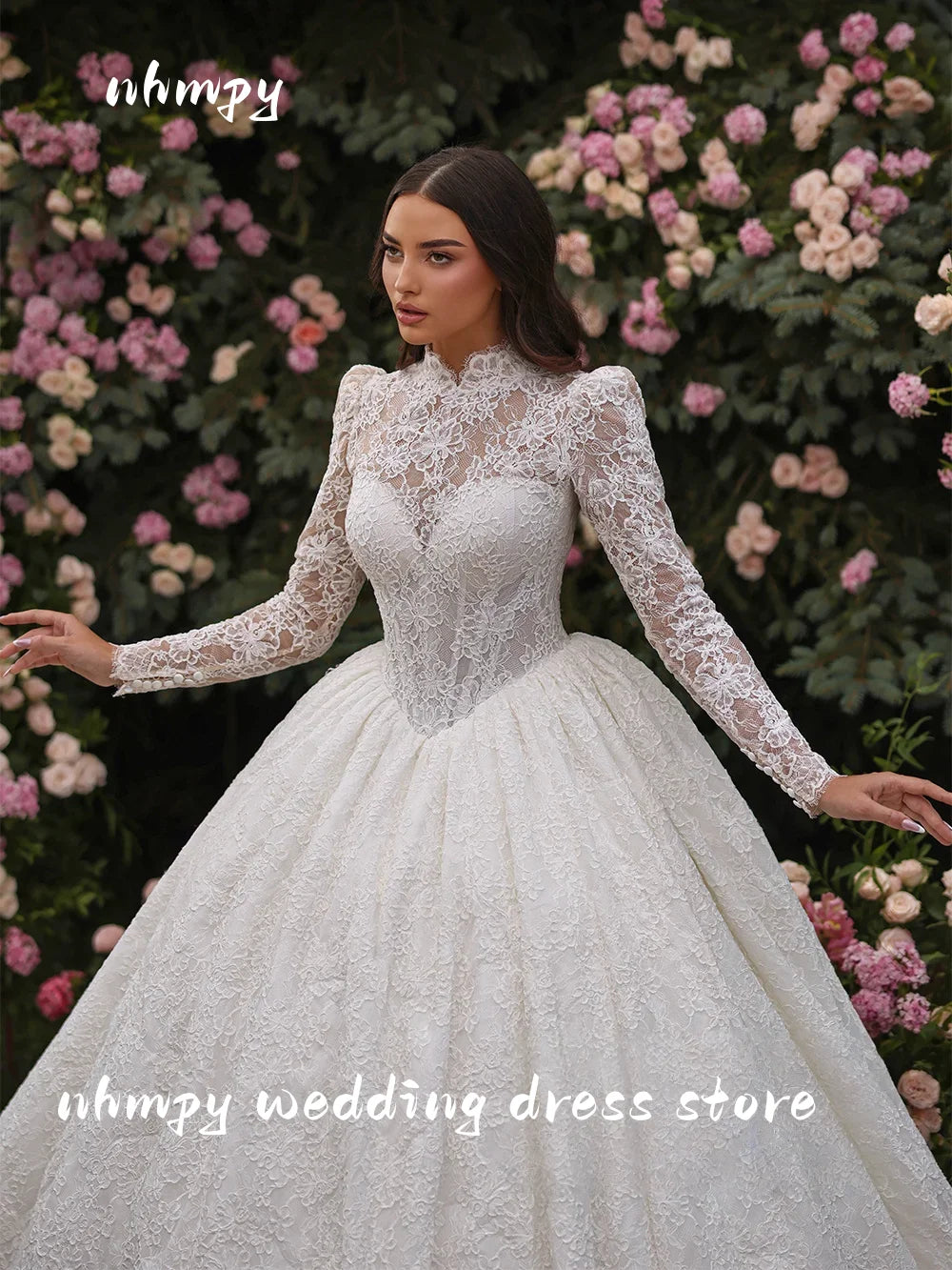 OL Gorgeous Ball Gown Wedding Dresses Bride Gown Customized High Neck Full Sleeves Lace Applique Saudi Arabian Bridal Dresses