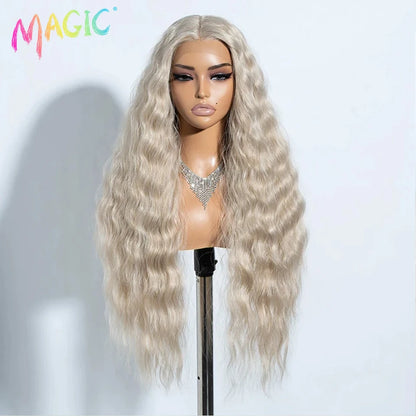 Magic Synthetic Lace Front Wig Long Deep Wavy 30 Inch Ombre Blonde Ginger Lace Wigs For Black Women Heat Resistant Cosplay Wigs