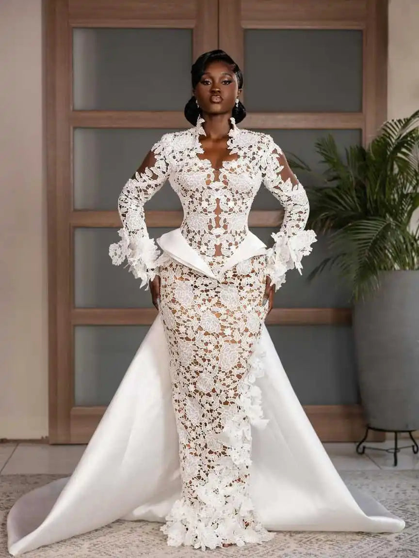 African Mermaid Wedding Dresses Illusion Lace Appliques V Neck Long Sleeve Bridal Gowns Customized Bride Dress With Detachable