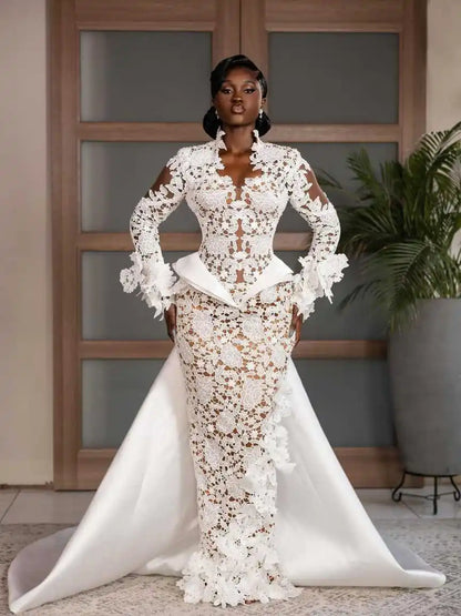 African Mermaid Wedding Dresses Illusion Lace Appliques V Neck Long Sleeve Bridal Gowns Customized Bride Dress With Detachable