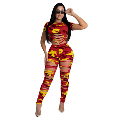 Wmstar Women Two Piece Set Summer Sexy Sport Fashion Casual Ripped Sweatshirt Sweat Camouflage Print Pant Sets Outfit Tracksuit