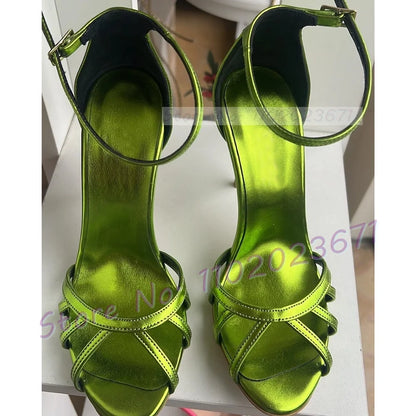 Green Metallic Party Sandals With High Heels Female Elegant Open Toe Cross Strap Sandal Luxury Women Summer Casual Stylish Shoes